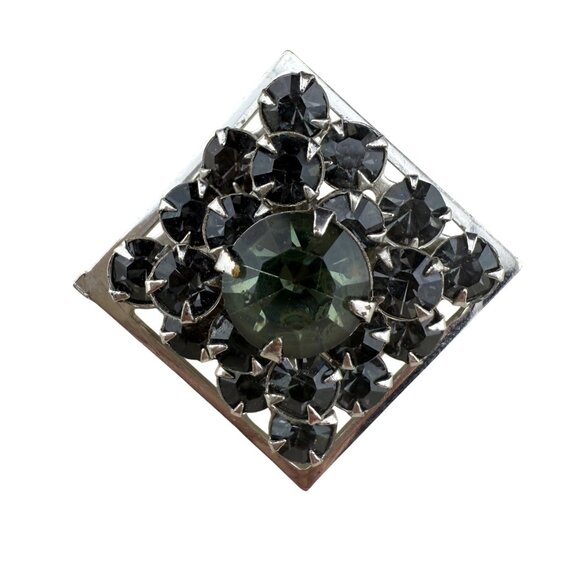 Vintage Green & Black Rhinestone Square Brooch Pin Silver-Tone Backing - Picture 1 of 4